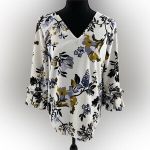 Ann Taylor Floral V-Neck Ruffle Sleeve Top - Multicolor